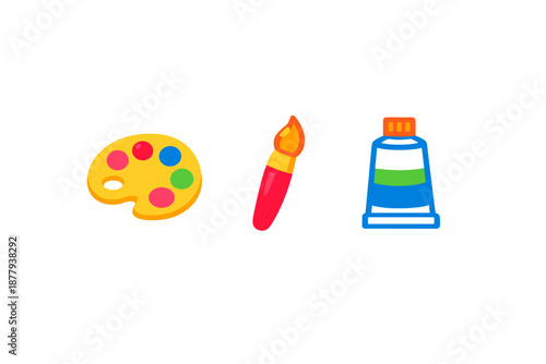 Art supplies: paint palette, brush, and tube with glowing effect