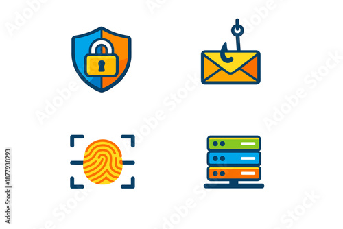 Cybersecurity Icons: Lock, Phishing, Fingerprint, Server