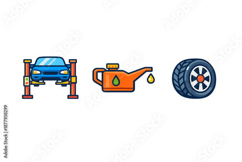 Car service icons: lift, oil can, and tire