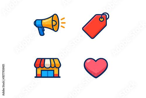 Collection of colorful icons: megaphone, tag, store, and heart