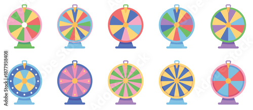Colorful fortune wheels collection with prize segments, game spin elements for lottery reward and decision concepts, bright circular wheels for gaming apps, promotional events, quizzes, giveaways