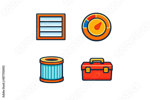 Set of four flat design icons: gauge, filter, toolbox, and filing