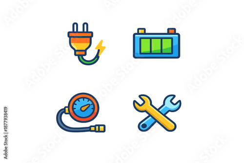 Car service icons: plug, battery, pressure gauge, wrenches