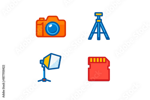 Photography equipment icons with glowing neon effect on black