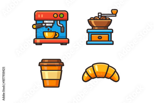 Coffee icons: espresso machine, grinder, cup, and croissant