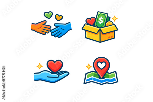 Four icons representing kindness, donation, care, and location