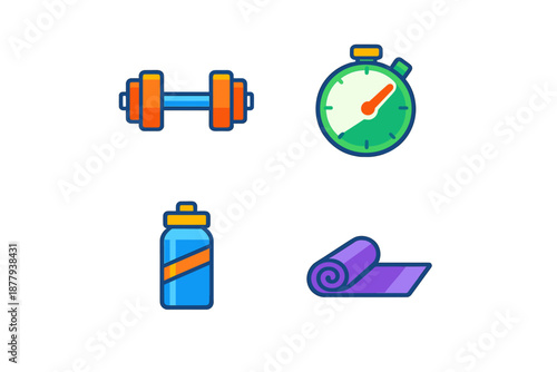 Fitness icons: dumbbell, stopwatch, water bottle, yoga mat