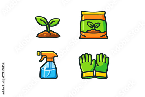 Gardening icons: seedling, fertilizer, spray bottle, and gloves