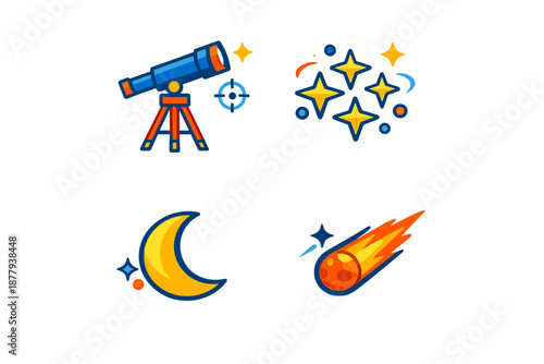Cosmic icons: telescope, stars, moon and meteor
