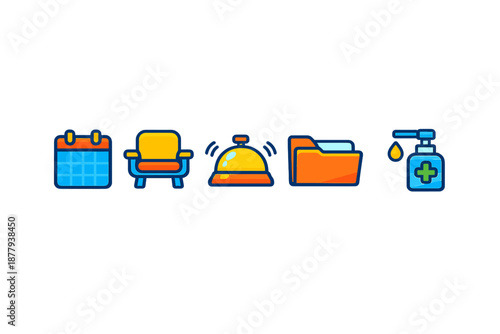 Set of icons: calendar, armchair, bell, folder, hand sanitizer