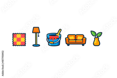 Interior design icons: furniture, paint, plant, fabric, lamp