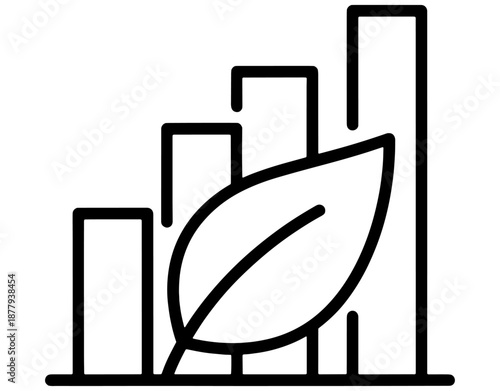 Sustainable Business Growth and Eco Success Icon. Minimalist Vector Illustration of Bar Graph with Green Leaf for Environmental Economy, CSR, and Ecology Progress Concept Design.