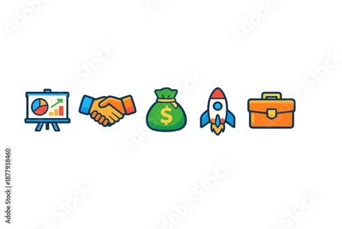 Business concept icons: strategy, partnership, funding, startup and