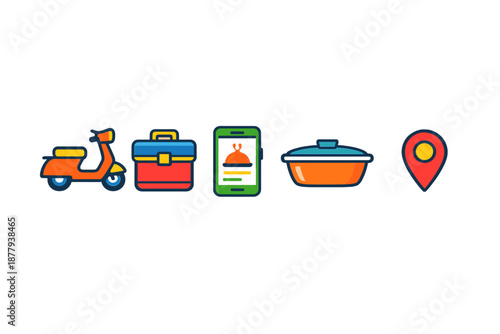 Food delivery icons: scooter, toolbox, app, pot, map pin