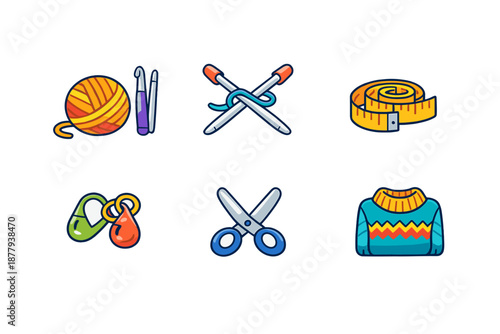Set of six cartoon sewing and knitting icons on a blurred background