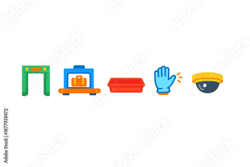 Airport security icons: metal detector, x-ray, tray, glove, camera