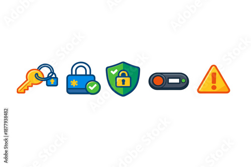 Security icons: key, lock, shield, switch, and warning sign