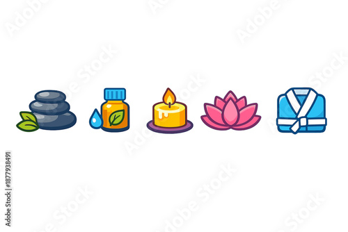 Spa and Wellness Icons: Stones, Oil, Candle, Lotus, Kimono