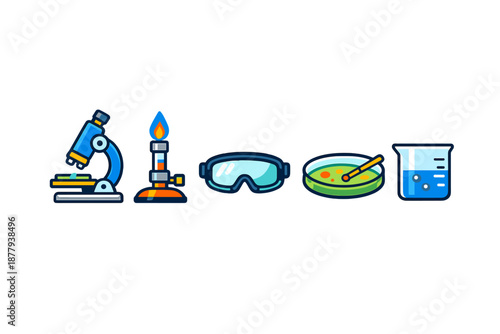 Science equipment icons: microscope, burner, goggles, petri dish