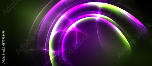 Abstract swirls, vibrant purple, green hues dominate. Light flares create dynamic energy, dark background contrasts sharply.
