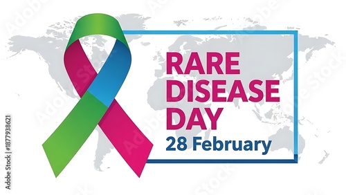 Green blue and pink awareness ribbon design for Rare Disease Day set against a global world map background.