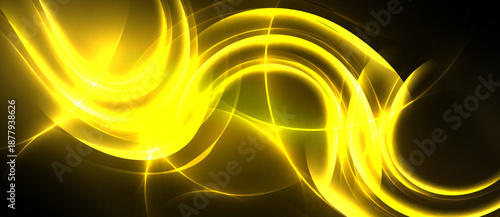 Bright yellow swirls dominate black background. Dynamic lines create energy, light radiates from center. Abstract design evokes movement.
