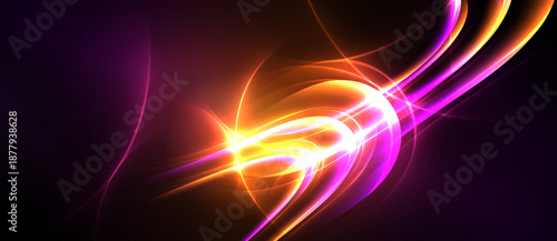Bright abstract lines radiate from central point. Vivid purple, orange, yellow hues create dynamic energy. Dark background emphasizes luminosity.