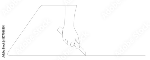 Continuous line art of a hand holding a paper cutter with curved lines. This image is for a stationery store banner. Vector illustration.