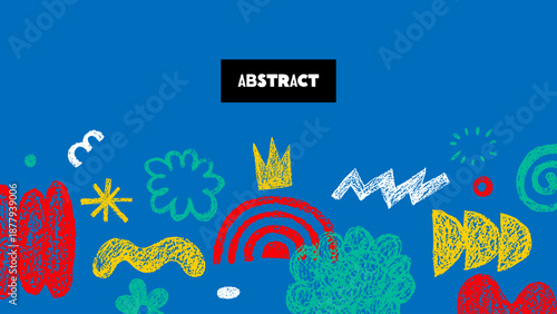 Modern funky crayon hand drawn doodle shapes banner. Grunge colorful pencil scribbles for collages design. Vector illustration. Geometric pattern background