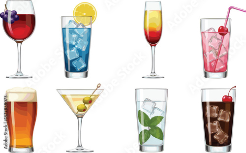Refreshing Drinks and Cocktails Vector Illustration Set Featuring Alcoholic and Non Alcoholic Beverages in Glasses for Bar, Menu, Party, and Beverage Designs