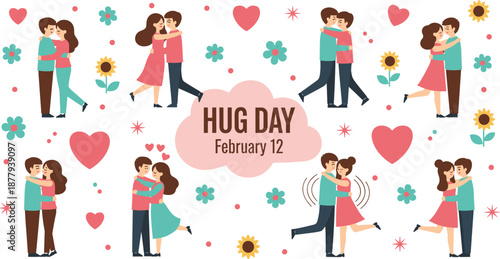 Hug Day romantic pattern with cute couples hugging hearts flowers valentine week celebration background illustration design