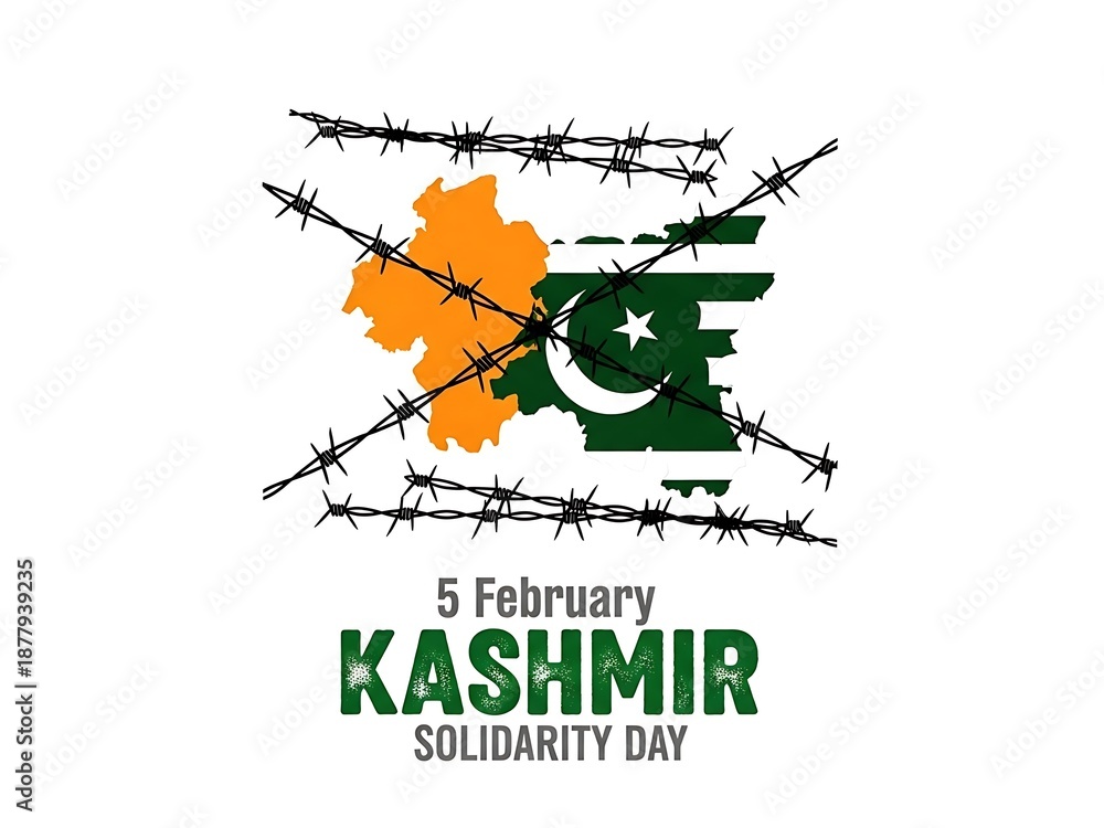Fototapeta premium Commemorative digital art for 5 February showing a divided map of Kashmir trapped behind sharp metallic barbed wire.