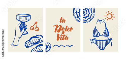 Vintage summer Italian Mediterranean coastal banner set. Hand drawn vector illustration. Amalfi sketch and watercolor beach vacation design.