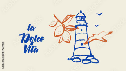 Italy Mediterranean coastal vacation banner. Hand drawn sketch sea poster. Dolce vita summer vibe. Vintage summer vector illustration