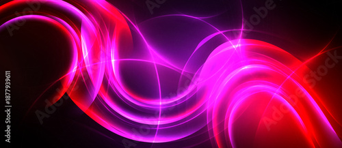 Abstract vibrant waves, pinks, purples dominate. Dynamic energy radiates from flowing light curves. Dark background enhances luminosity.
