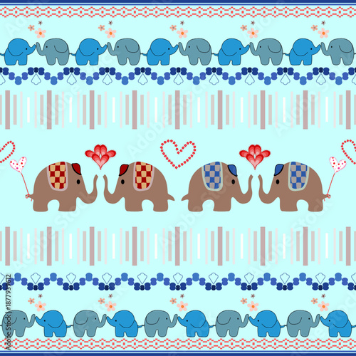 Elephant Valentines day seamless pattern. Ethnic elephant with ornate border traditional decorated elephant design for carpet, wallpaper, clothing, textile, wrapping, fabric, tile, embroidery style