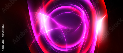 Abstract vibrant swirls, luminous pinks, reds dominate. Energy radiates from central bright point, creating dynamic visual effect.