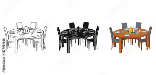 Iftar Round Tables  Vector Set in Three Styles — Line Art, Silhouette and Color Version for Islamic Design, App UI, Posters and Branding