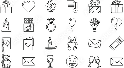 Valentine love line icons set with gifts hearts flowers candles envelopes wine smiley romantic celebration outline symbols