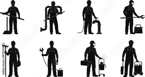 Utility and construction worker icon set, plumbing, welding, maintenance, toolbox, wrench, hose, shovel, vector illustration, black pictogram, labor tools