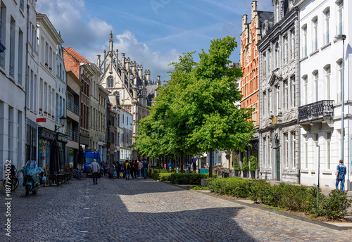 Принти на полотні Cozy old street with tables of cafe in Mechelen, Belgium