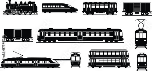 Train and tram silhouette icon set, rail vehicle types, steam locomotive, subway car, light rail, vector illustration, black pictogram, transport graphic