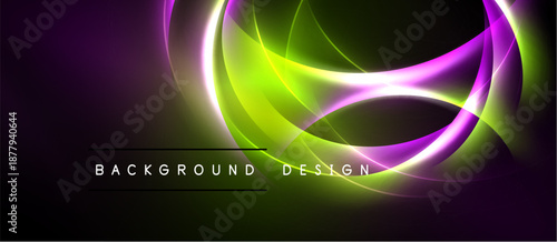 Vibrant abstract design features flowing neon curves. Purple, green hues dominate dark background. Modern, dynamic visual presentation.