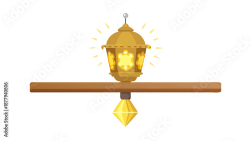 A detailed silhouette of an ornate traditional Arabic lantern hanging from a wooden beam, glowing with light patterns.