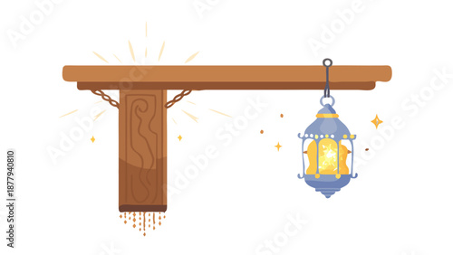 A detailed silhouette of an ornate traditional Arabic lantern hanging from a wooden beam, glowing with light patterns.