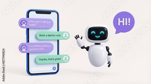 Wallpaper Mural Robot waving and saying hi on a mobile phone with chat bubbles on a white background Torontodigital.ca