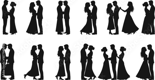 Romantic couple silhouette icon set, wedding pose, formal attire, love gesture, dance position, vector illustration, black pictogram, relationship symbol