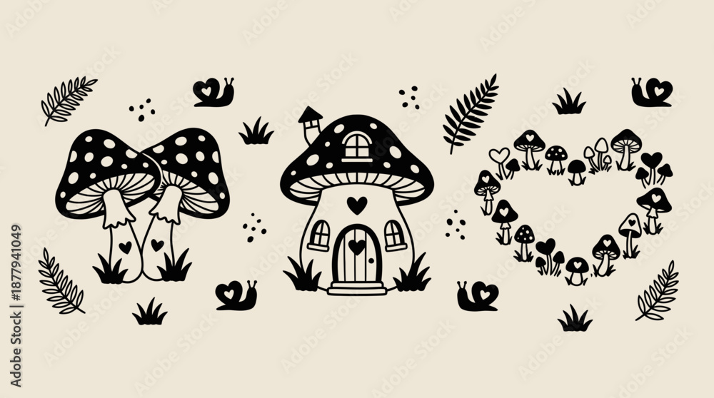 Obraz premium Whimsical mushroom house and forest elements vector illustration