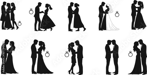 Romantic couple silhouette icon set, wedding pose, engagement ring, love moment, bridal gown, vector illustration, black pictogram, relationship symbol