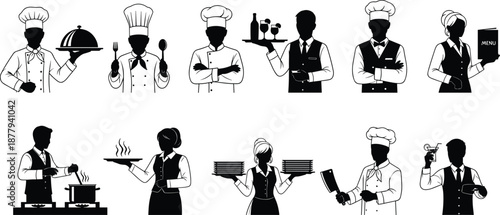 Restaurant staff silhouette icon set, chef, waiter, waitress, bartender, hospitality roles, kitchen activity, vector illustration, black pictogram, service team